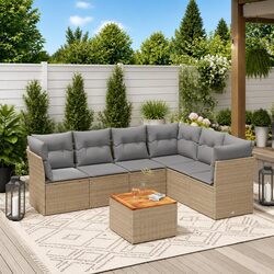 Garden Sofa Set 7 Piece Outdoor Furniture Beige Poly Rattan Patio Seating with
