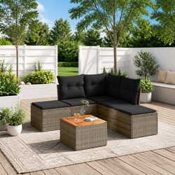 Garden Sofa Set: 6 Pieces, Grey Poly Rattan, Acacia Wood