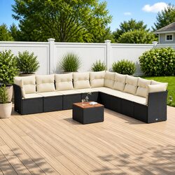 Garden Sofa Set - 10 Piece Black PE Rattan with Acacia Top