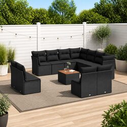 12 Piece Outdoor Garden Sofa Set Black Poly Rattan Patio Furniture with Cushions