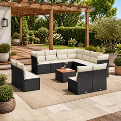 12 Piece Garden Sofa Set: Black Poly Rattan and Acacia Wood