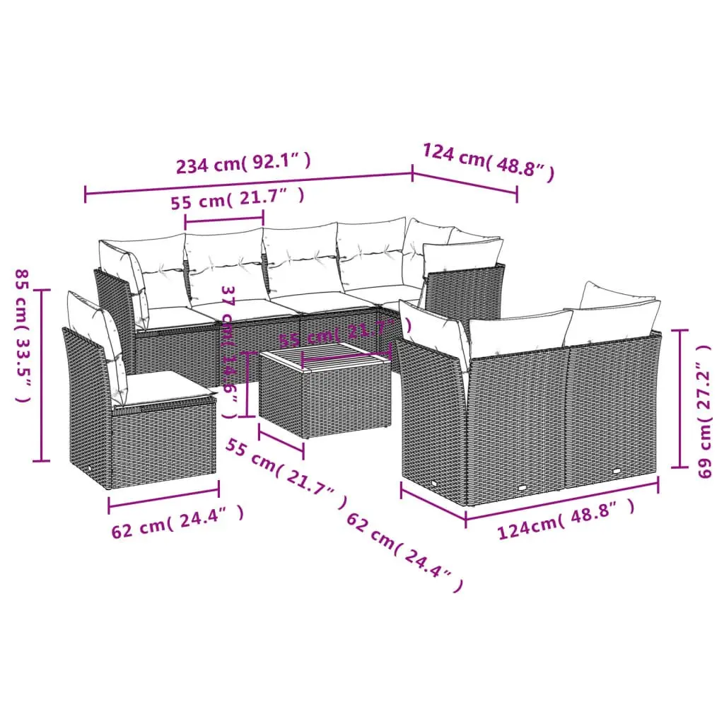Garden Sofa Set Outdoor Furniture 9 Piece Grey Poly Rattan Modular Patio
