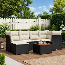 7 Piece Garden Sofa Set: Black, PE Rattan, Acacia Wood