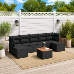 8-Piece Modular Garden Sofa Set in Black with Acacia Table