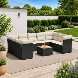 Outdoor Garden Sofa Set: 10 Pieces, Black PE Rattan, Acacia Tabletop