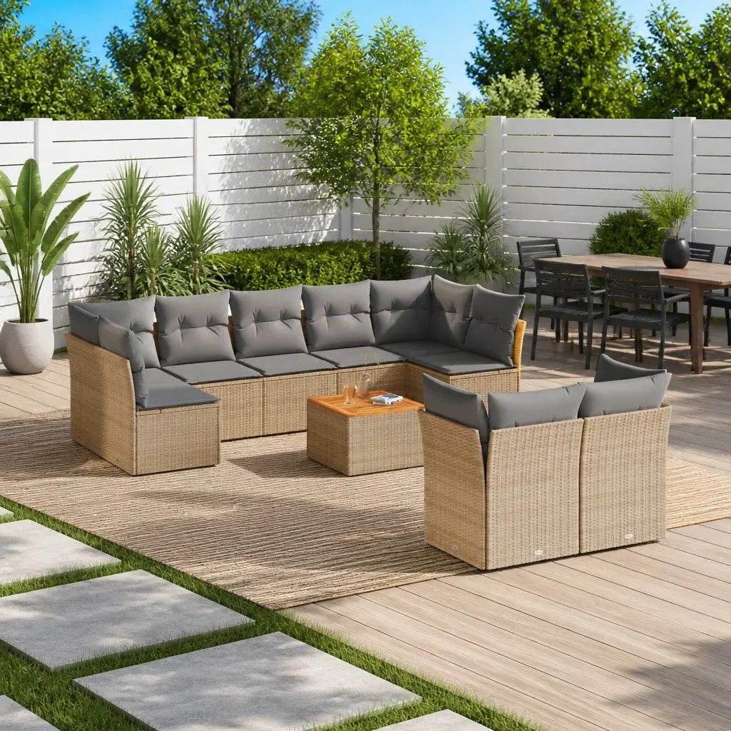 Garden Sofa Set Outdoor Furniture Patio Lounge 10 Piece Beige Poly Rattan