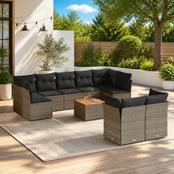 Garden Sofa Set - 10 Pieces, Grey PE Rattan & Acacia Wood