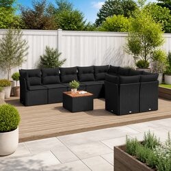 10-Piece Outdoor Sofa Set: Black Poly Rattan & Acacia Table