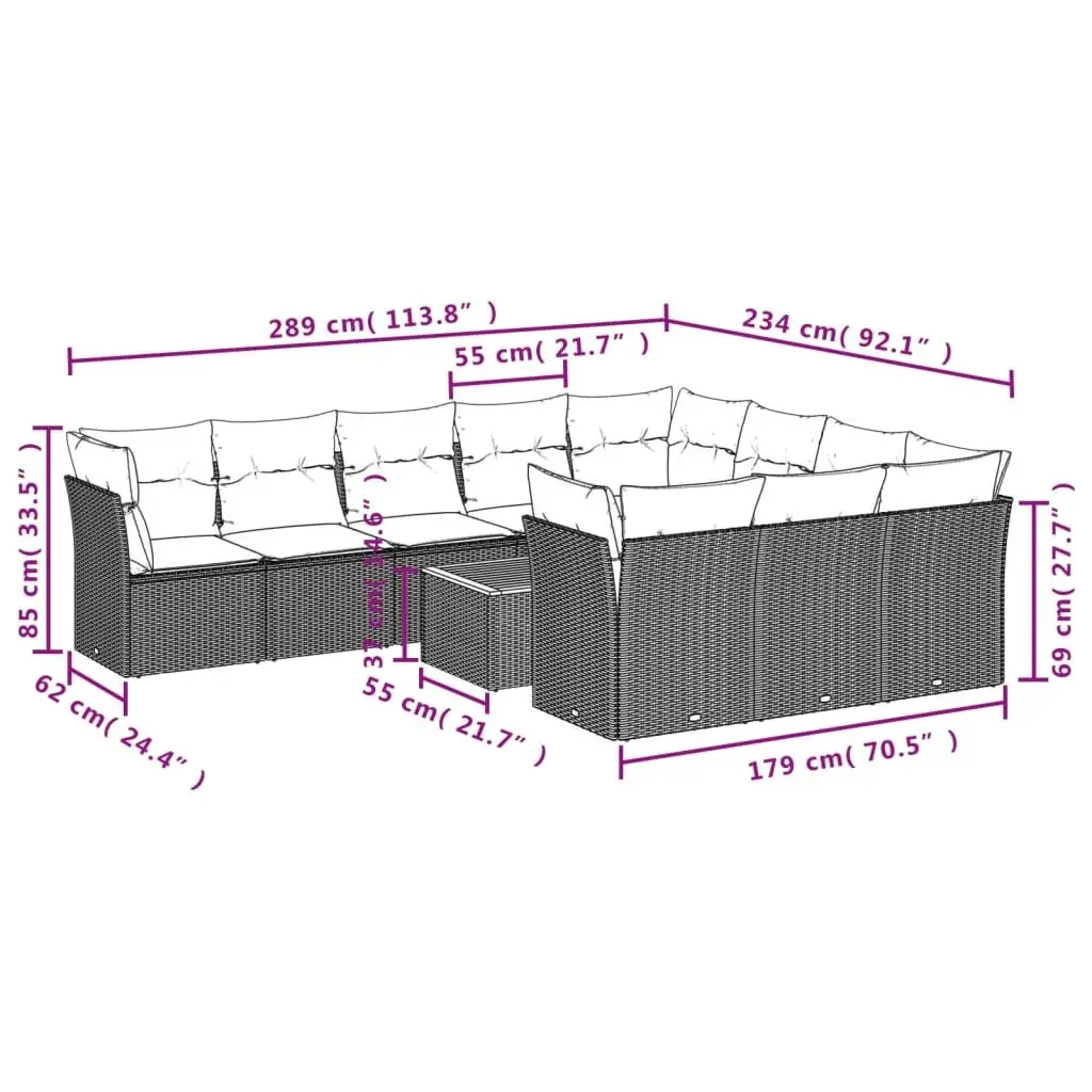 Modular Patio Furniture Set 11 Piece Grey Poly Rattan Garden Sofa with Acacia Wood Top and Storage Compartments