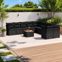 11 Piece Outdoor Garden Sofa Set Black Poly Rattan Patio Furniture with Cushions
