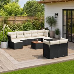 10 Piece Outdoor Garden Sofa Set with Storage Cushions Black Poly Rattan