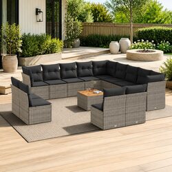 14-Piece Garden Sofa Set: Grey Rattan and Acacia Wood