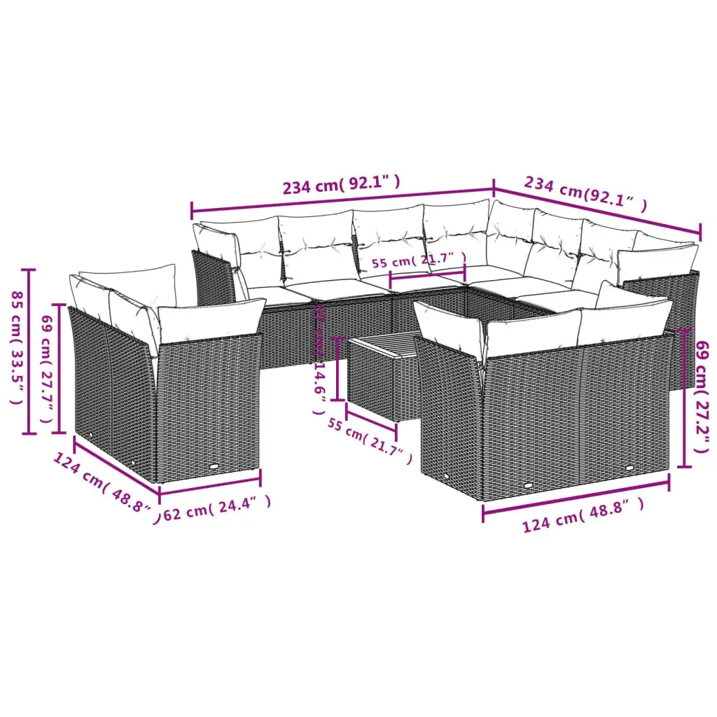 Garden Sofa Set 12 Pieces Grey Poly Rattan Outdoor Furniture for Backyard Terrace Patio
