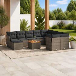 11 Piece Outdoor Sofa Set: Grey Rattan & Wood Design