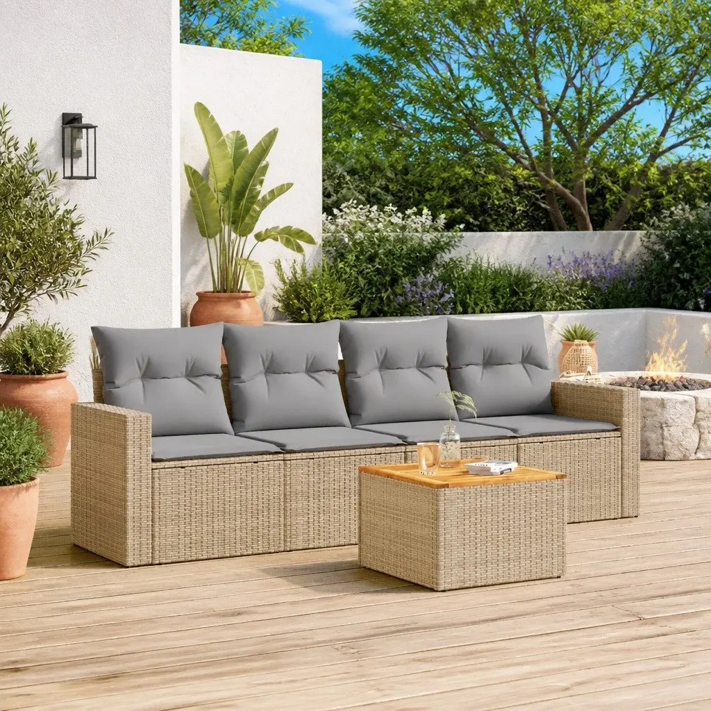 Garden Sofa Set Outdoor Patio Furniture 5 Piece Beige Poly Rattan Modular