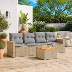 Garden Sofa Set 5 Piece Outdoor Patio Furniture Beige Poly Rattan Modular