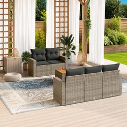 Garden Sofa Set - 6 Pieces, Grey, PE Rattan, Acacia Wood Top