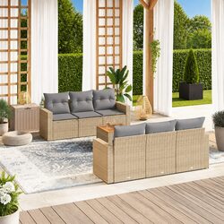 7-Piece Garden Sofa Set: Beige Poly Rattan and Acacia Wood