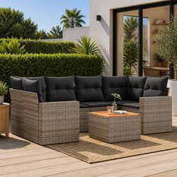 7 Piece Outdoor Garden Sofa Set Grey Poly Rattan Patio Furniture with Cushions