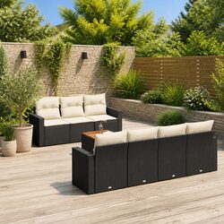 8-Piece Black Poly Rattan Sofa Set with Acacia Tabletop