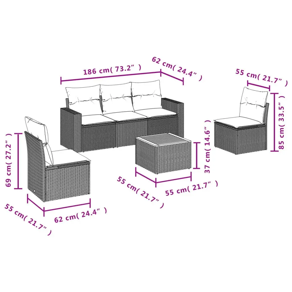 Garden Sofa Set Outdoor Furniture 6 Piece Grey Poly Rattan Patio Seating