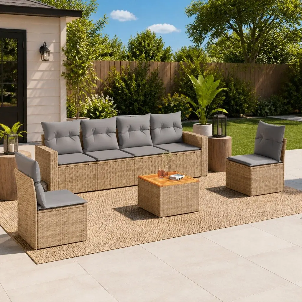 Garden Sofa Set 7 Piece Outdoor Patio Furniture Beige Rattan with Cushions
