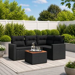 Garden Sofa Set 5 Piece Outdoor Patio Furniture Black Poly Rattan with Cushions