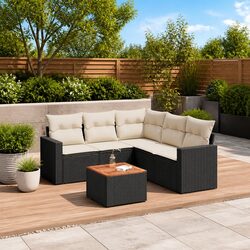 Garden Sofa Set - 6 Piece, Black PE Rattan, Acacia Table