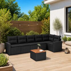 7 Piece Garden Sofa Set Outdoor Patio Furniture Black Poly Rattan with Cushions