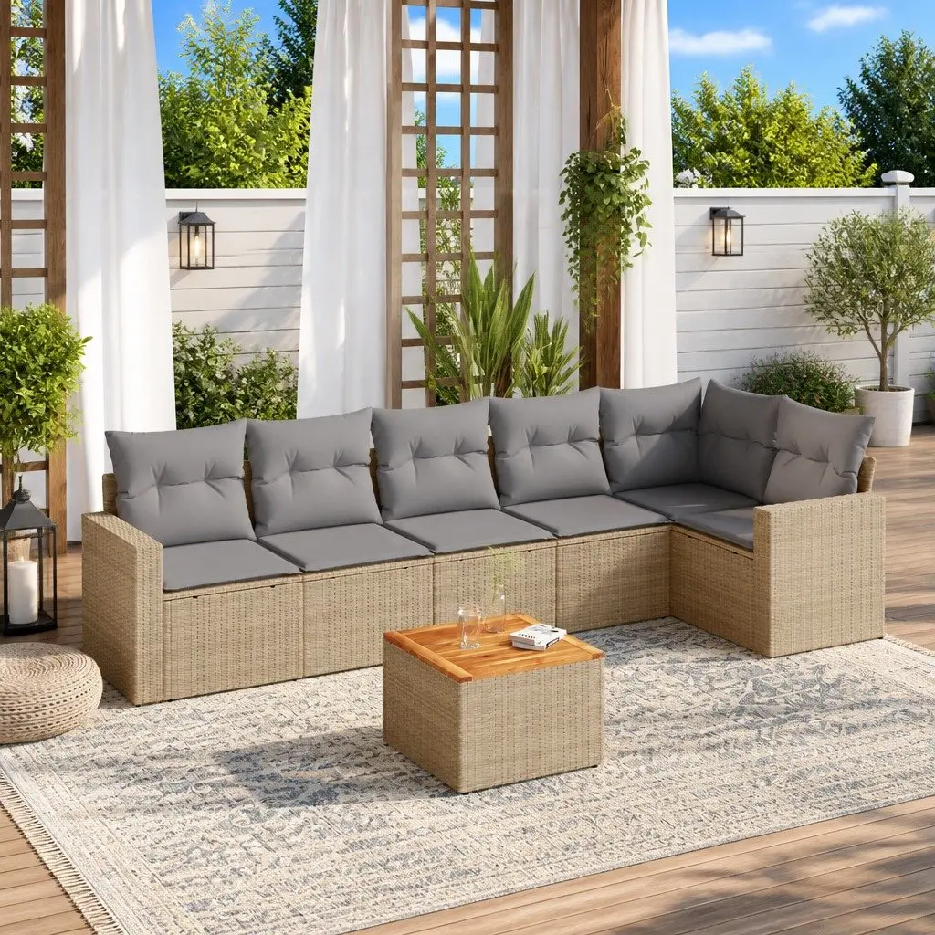Garden Sofa Set 7 Piece Outdoor Use Beige Poly Rattan Patio Furniture