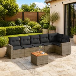 7 Piece Outdoor Sofa Set: Grey PE Rattan, Acacia Table