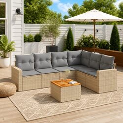 Garden Sofa Set 7 Piece Outdoor Furniture Patio Beige Poly Rattan Modular