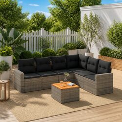 7 Piece Outdoor Garden Sofa Set Grey Poly Rattan Patio Furniture with Storage