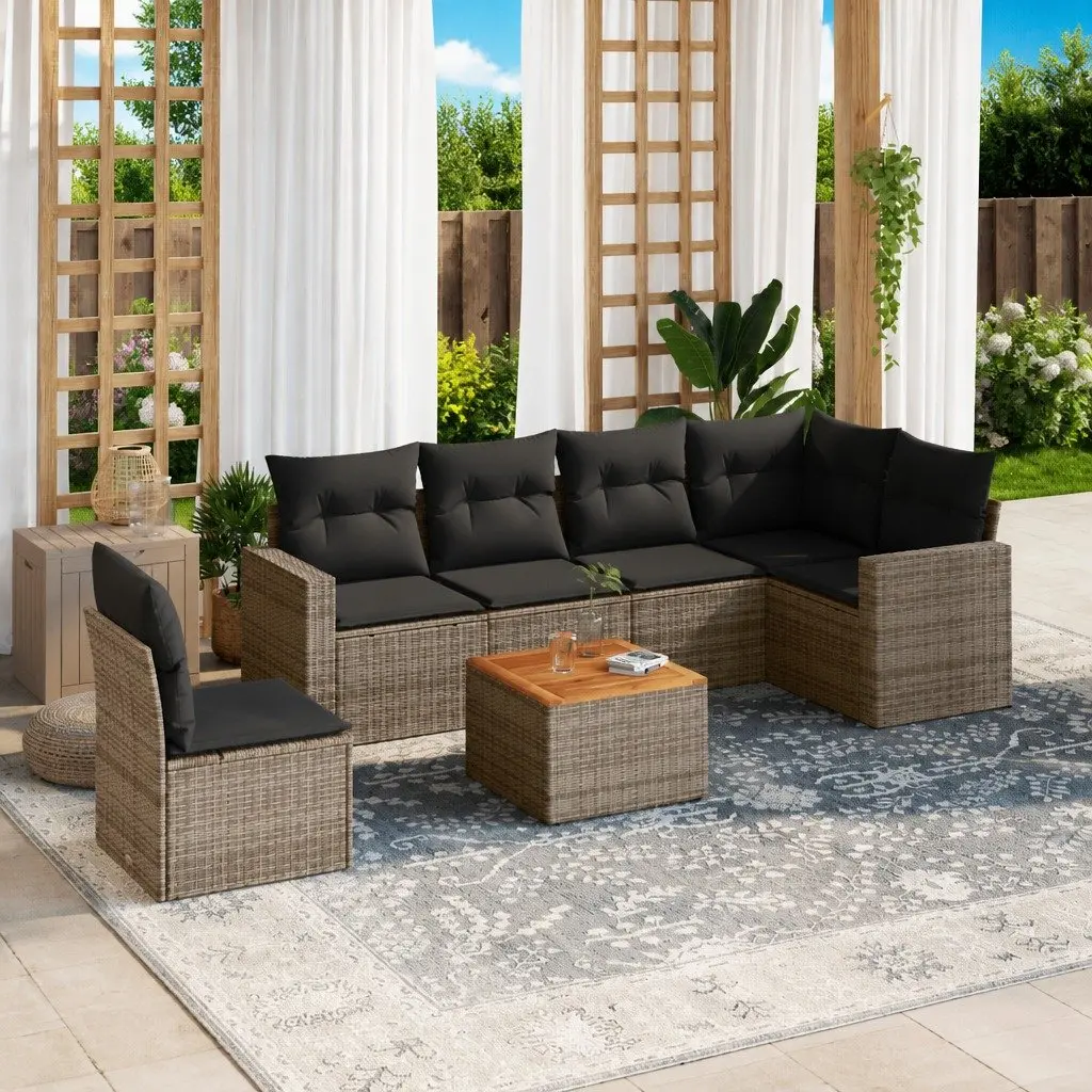 7 Piece Grey Poly Rattan Outdoor Sofa Set for Patio and Garden with Removable Cushions and Storage Function
