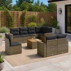 Garden Sofa Set - 9 Pieces in Grey with Acacia Table Top