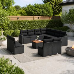 Garden Sofa Set 12 Piece Black Poly Rattan Outdoor Patio Furniture with Cushions