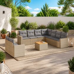 Garden Sofa Set 10 Piece Outdoor Furniture Beige Poly Rattan Patio Lounge with