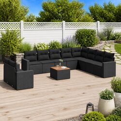 Outdoor Garden Sofa Set 11 Piece Black Poly Rattan Patio Furniture with Cushions