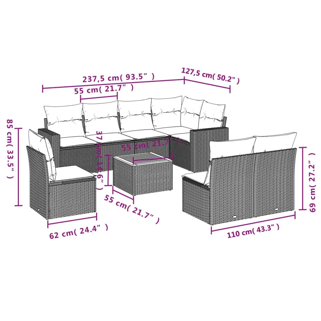 Garden Sofa Set Outdoor Furniture 9 Piece Beige Poly Rattan Patio Lounge