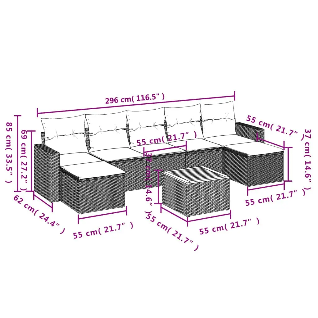 8 Piece Grey Garden Sofa Set with Storage Cushions Outdoor Patio Furniture