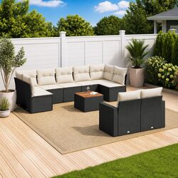 10 Piece Outdoor Garden Sofa Set Black Poly Rattan Patio Furniture with Cushions