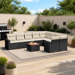 10 Piece Outdoor Garden Sofa Set Black Poly Rattan Patio Furniture with Cushions