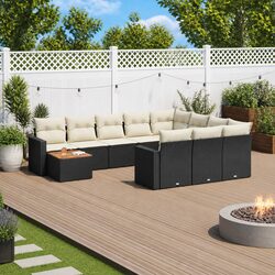 11 Piece Modular Garden Sofa Set Black Rattan with Acacia Table