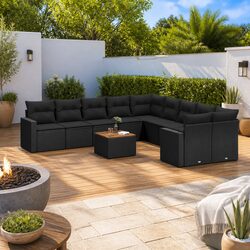 11-Piece Garden Sofa Set: Black Poly Rattan and Acacia