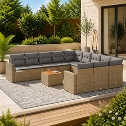 Garden Sofa Set 12 Piece Outdoor Furniture Patio Beige Poly Rattan Modular