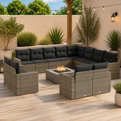 Garden Sofa Set – 14 Pieces, Grey Rattan, Acacia Wood