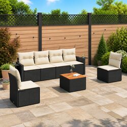 7 Piece Garden Sofa Set: Black Poly Rattan & Acacia Wood