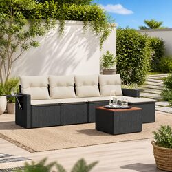 6-Piece Modular Garden Sofa Set - Black Poly Rattan