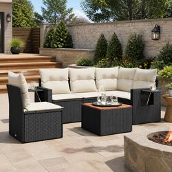 6 Piece Garden Sofa Set: Black PE Rattan, Acacia Wood Top