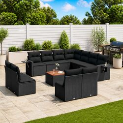 Garden Sofa Set 12 Piece Outdoor Patio Furniture Black Poly Rattan with Cushions